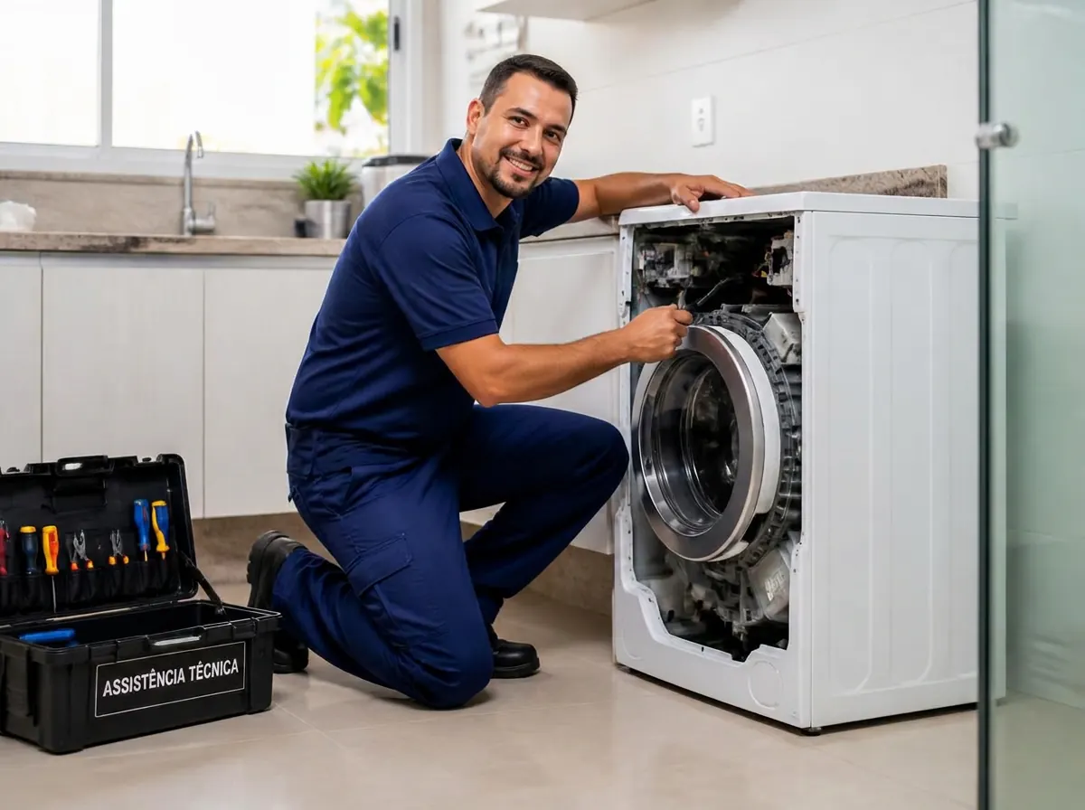 Técnico da Tanquinho & CIA consertando uma máquina de lavar em uma lavanderia residencial