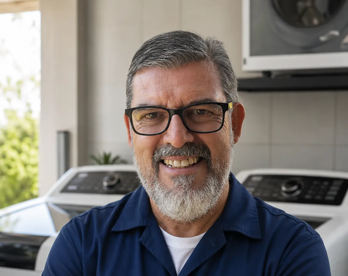 Retrato do técnico Gilberto, especialista em máquinas de lavar